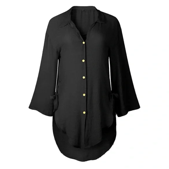 Black Summer Linen High Low Oversized Button Down Tee Size Medium - Picture 3 of 7